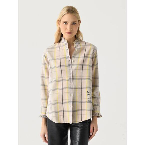 Kerri Rosenthal Mia Cabin Plaid Ruffle Shirt in Light Taupe Multi S - Picture 1 of 5